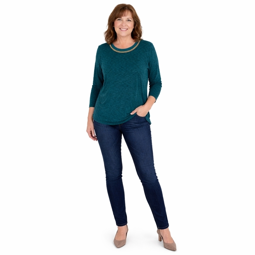 Maurices Medium Teal Beaded Neckline Long Sleeve Blouse NWOT